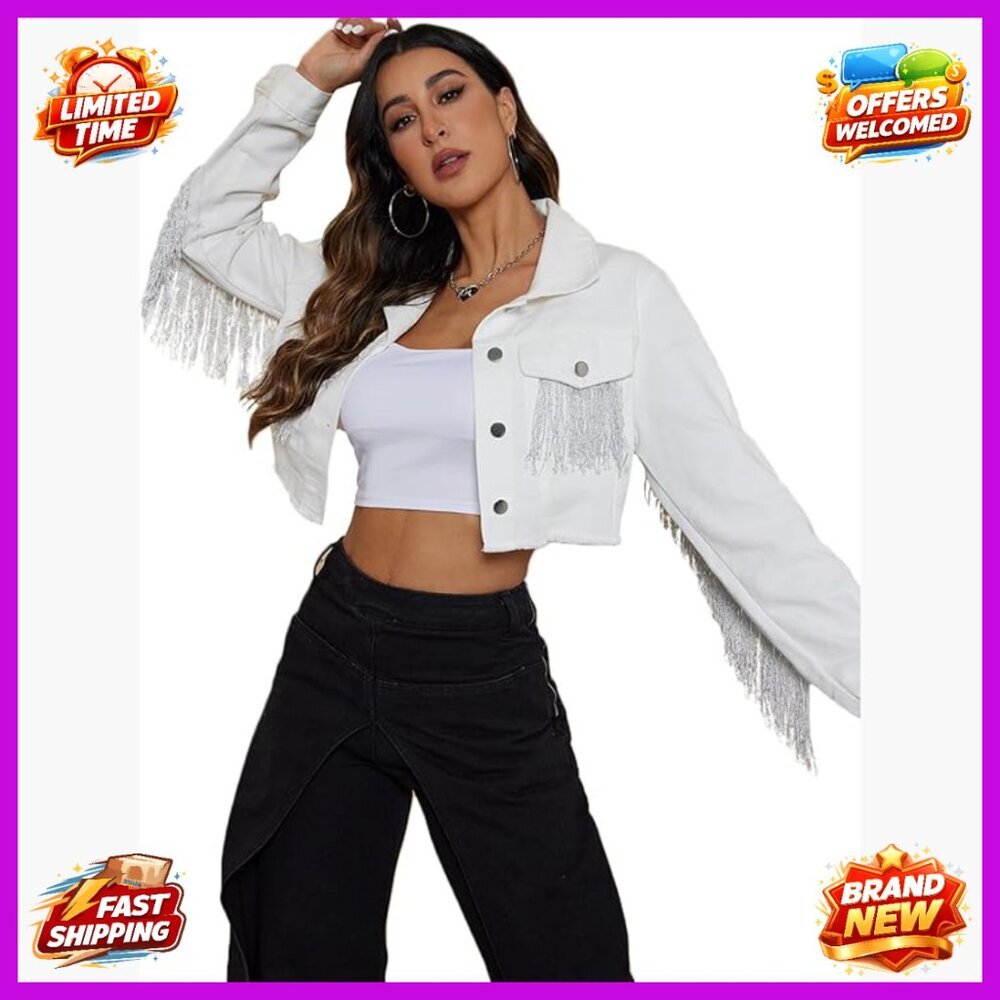 Crop Denim Jacket with Fringe, Size S, Cotton Blend, Casual Style